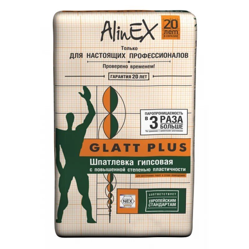  AlinEX Glatt Plus Шпатлёвка, 25 кг (гипсовая финишная)